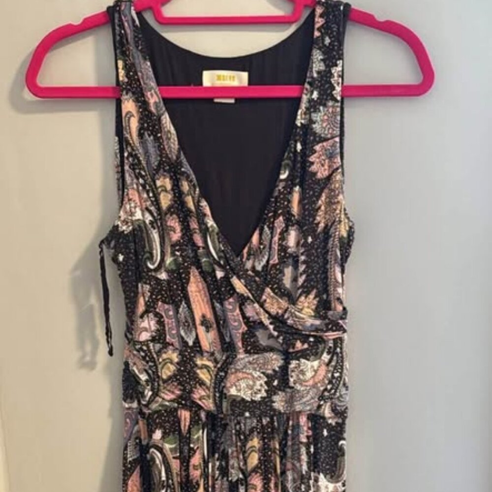 Anthropology Maeve small floral (black, pink, light blue) vneck mid length dress